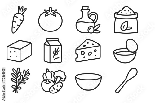 Plant-Based Cooking Icons. Line style icons of plant-based cooking: carrot, tomato, olive oil, almond flour; tofu block, oat milk,