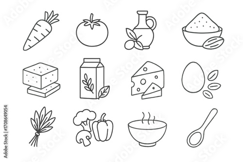 Plant-Based Cooking Icons. Line style icons of plant-based cooking: carrot, tomato, olive oil, almond flour; tofu block, oat milk,