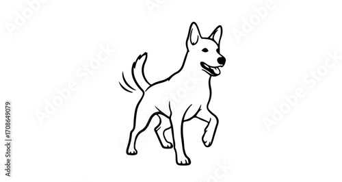 Happy dog wagging its tail, running happily vector line art illustration