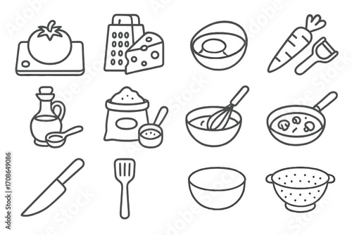 Cooking Utensils Icons. Line style icons of cooking icons with utensils: tomato on cutting board, cheese with grater, egg in bowl,