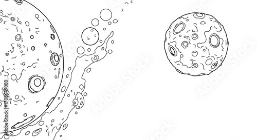 Planets, a celestial bodies with craters and rings in a cosmic landscape illustration
