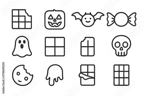 Halloween Chocolate Icons. Line style icons of chocolate Halloween treats: chocolate bar, spooky chocolate, bat truffle, wrapped