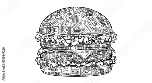Hand drawn sketch of a cyber burger, a unique fusion of food and technology