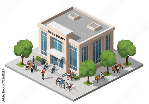 Squared 3D isometric view of a modern public library with people reading outside, benches, bicycles, and greenery, representing education, community learning, and academic lifestyle