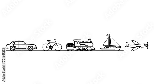 Line art illustration of various modes of transportation, including car, bicycle, train, boat, and airplane