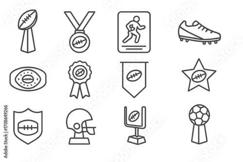 Football Award Icons. Line style icons of football trophies and awards: championship trophy, MVP medal, player of game plaque,