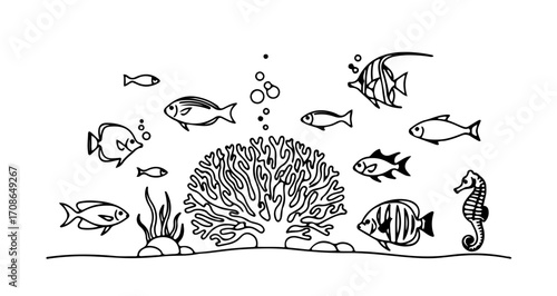 Hand drawn underwater world with coral reef, fish and seahorse