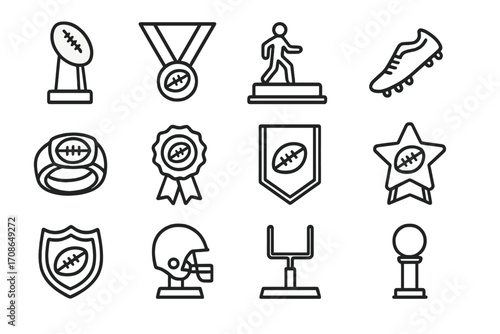 Football Award Icons. Line style icons of football trophies and awards: championship trophy, MVP medal, player of game plaque,
