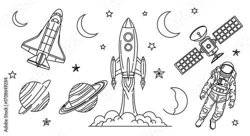 Hand drawn space elements, rocket, astronaut, satellite, planets and stars