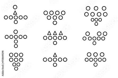 Football Formation Icons. Line style icons of football formation icons: I-formation, shotgun formation, 3-4 defense, 4-3 defense;