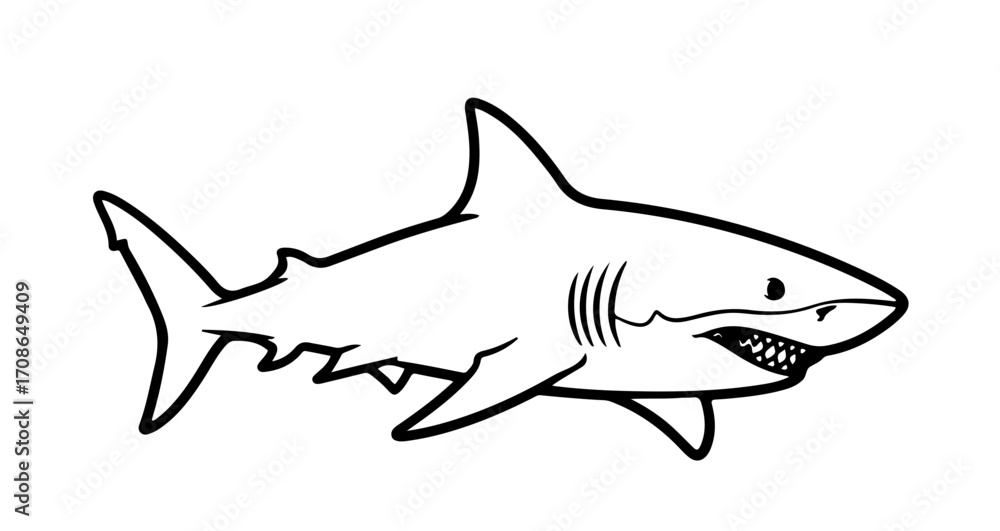 Fototapeta premium Illustration of a shark with sharp teeth, a predatory sea animal in black and white