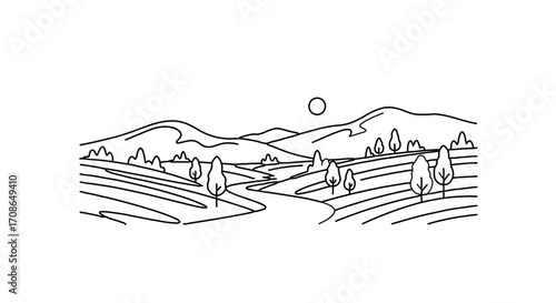 Minimalist landscape illustration depicting a serene valley with mountains and trees