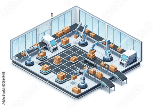 Squared 3D isometric view of a futuristic automated warehouse with conveyor belts, robotic arms, and AI-powered machines managing packages, symbolizing logistics, smart industry, and advanced supply