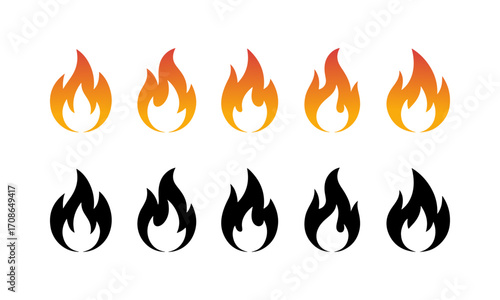 5 Fire Flame Icons Set – Gradient Solid Black Silhouette Vector Illustration Design