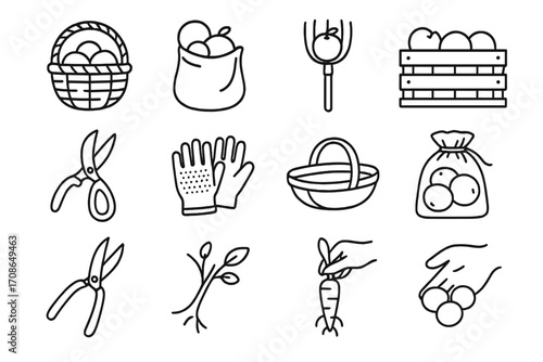 Harvest Tool Icons. Line style icons of harvest tools and baskets: harvest basket, gathering bag, fruit picker, crate; garden