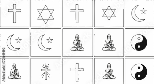 Illustrations of religious symbols in black and white, , representing diverse faiths and beliefs