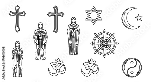 Illustration showing symbols of different religions, including christianity, islam, judaism, buddhism, taoism