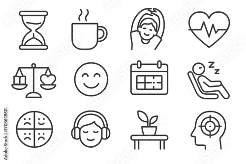 Student Well-being Icons. Line style icons of student well-being: break icon, coffee cup, stretching arms, wellness heart; study