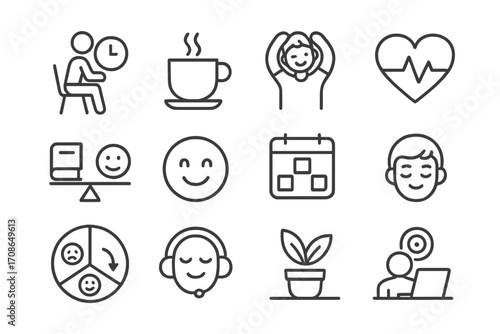 Student Well-being Icons. Line style icons of student well-being: break icon, coffee cup, stretching arms, wellness heart; study