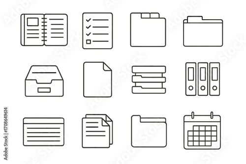 Organization Tools Icons. Line style icons of organization tools: planner, to-do list, file tabs, hanging folder; labeled drawer,