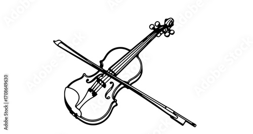 Violin and bow in black and white outline classical music instrument for orchestra