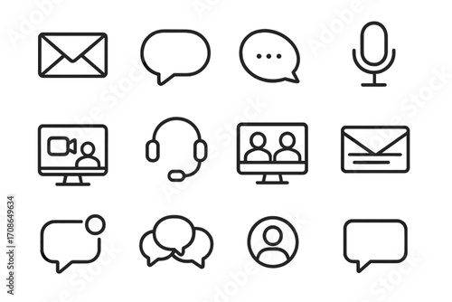 Workplace Communication Icons. Line style icons of workplace communication: envelope, chat bubble, speech icon, microphone; video