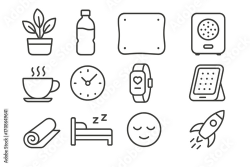 Workspace Comfort Essentials. Line style icons of workspace comfort and wellness: indoor plant, water bottle, seat cushion, air