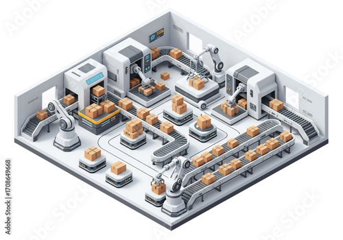 Squared 3D isometric view of a futuristic automated warehouse with conveyor belts, robotic arms, and AI-powered machines managing packages, symbolizing logistics, smart industry, and advanced supply
