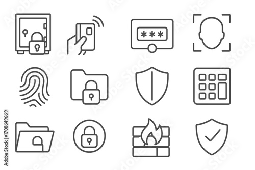 Security Icon Set. Line style icons of security and access: locked cabinet, keycard, password login, face scan; fingerprint ID,
