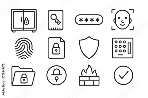 Security Icon Set. Line style icons of security and access: locked cabinet, keycard, password login, face scan; fingerprint ID,