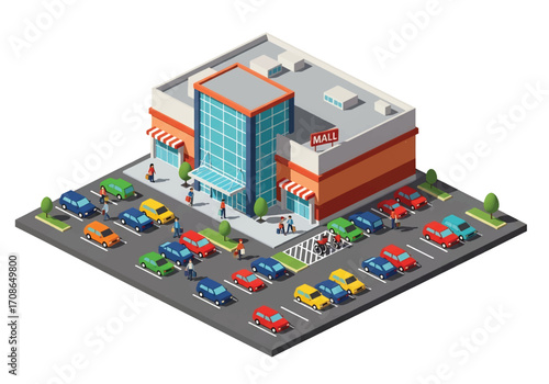 Squared 3D isometric view of a modern shopping mall with glass entrance, parking lot full of colorful cars, and people walking, symbolizing retail, commerce, lifestyle, and urban shopping culture