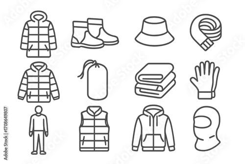 Travel Winter Essentials Icons. Line style icons of travel-ready winter clothes: packable coat, travel boots, foldable hat,