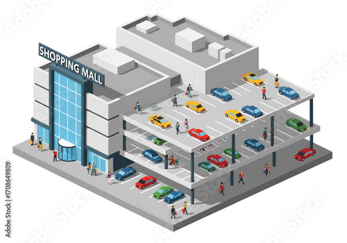 Squared 3D isometric view of a modern shopping mall with glass entrance, parking lot full of colorful cars, and people walking, symbolizing retail, commerce, lifestyle, and urban shopping culture