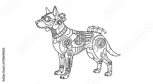 Steampunk dog illustration, a mechanical pet with gears and goggles, line art