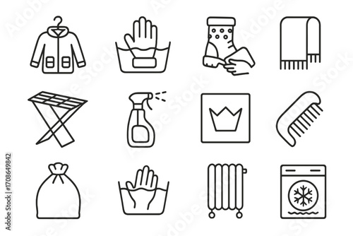 Winter Care Icons. Line style icons of winter laundry and care: coat drying, glove wash, boot wipe, scarf fold; dry rack icon,