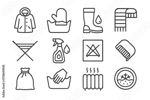 Winter Care Icons. Line style icons of winter laundry and care: coat drying, glove wash, boot wipe, scarf fold; dry rack icon,