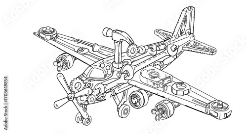 Steampunk airplane with gears and gadgets in a black and white line drawing