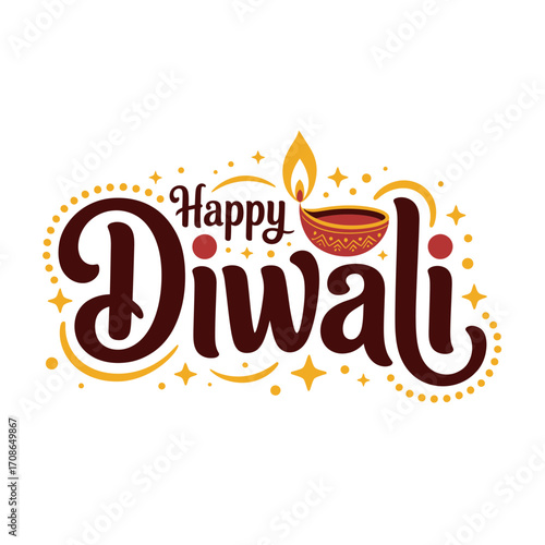 Happy Diwali decorative script, sparkling dots accents, diya flame shapes, cheerful festival logo, festive greeting design, vector
