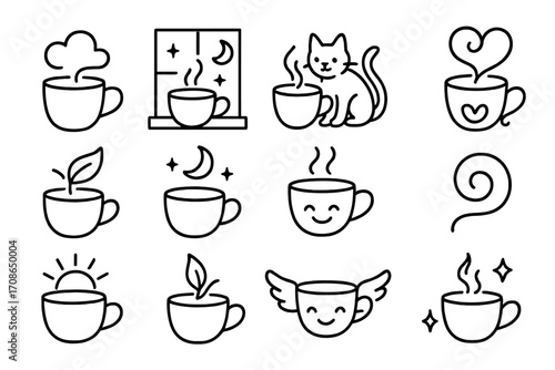 Whimsical Tea Icons. Line style icons of whimsical tea vibes: mug with cloud, tea on windowsill, cat near cup, heart swirl;