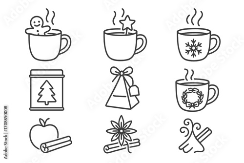 Holiday Tea Icons. Line style icons of holiday-inspired teas: gingerbread tea, cranberry spice, cinnamon vanilla, apple pie tea;