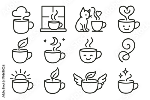 Whimsical Tea Icons. Line style icons of whimsical tea vibes: mug with cloud, tea on windowsill, cat near cup, heart swirl;