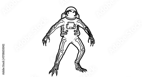 A spooky astronaut skeleton in a spacesuit vector line art illustration