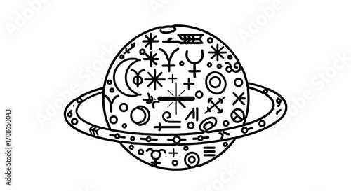 Illustration of a planet decorated with astrological symbols, with a ring around it