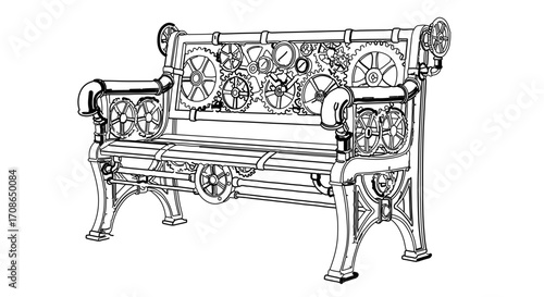 Illustration of a steampunk bench with a