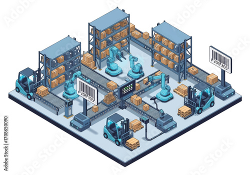 Squared 3D vector isometric view of a smart automated warehouse with robotic arms, forklifts, conveyor belts, and barcode scanners handling packages, efficiency, logistics, and modern industry