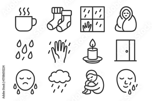 Rainy Day Comfort. Line style icons of rainy day moods: steaming mug, curled up socks, window view, wrapped blanket; raindrop