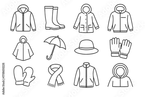Weather Gear Icons. Line style icons of weather gear: waterproof jacket, tall boots, raincoat with hood, windbreaker; poncho,