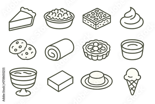 Thanksgiving Dessert Icons. Line style icons of Thanksgiving desserts: pumpkin pie slice, apple crisp, pecan bars, whipped topping