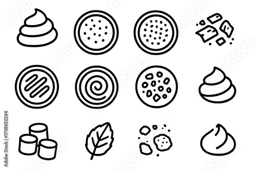 Coffee Toppings Icons. Line style icons of coffee toppings: whipped cream swirl, cocoa dusting, cinnamon sprinkle, chocolate