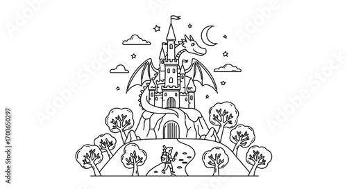 Illustration of a dragon and castle, a mythical scene with a fantasy theme